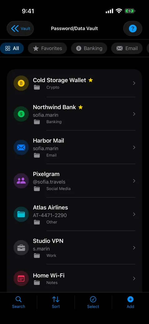 Password vault list by category