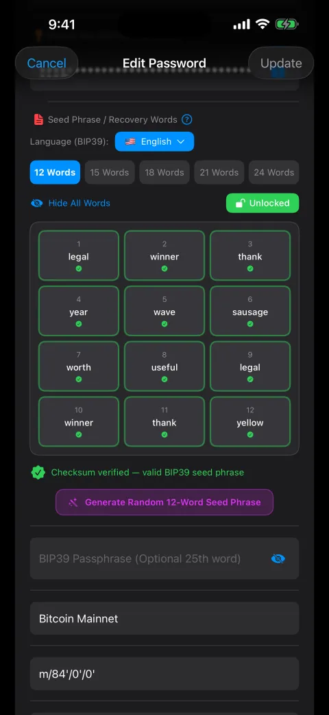 Seed phrase grid, checksum verified
