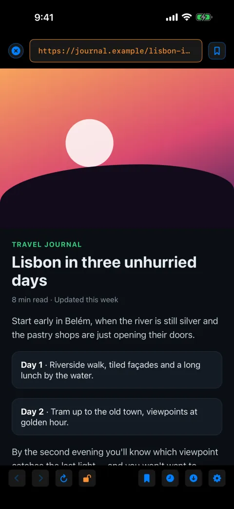 Private browser showing an article