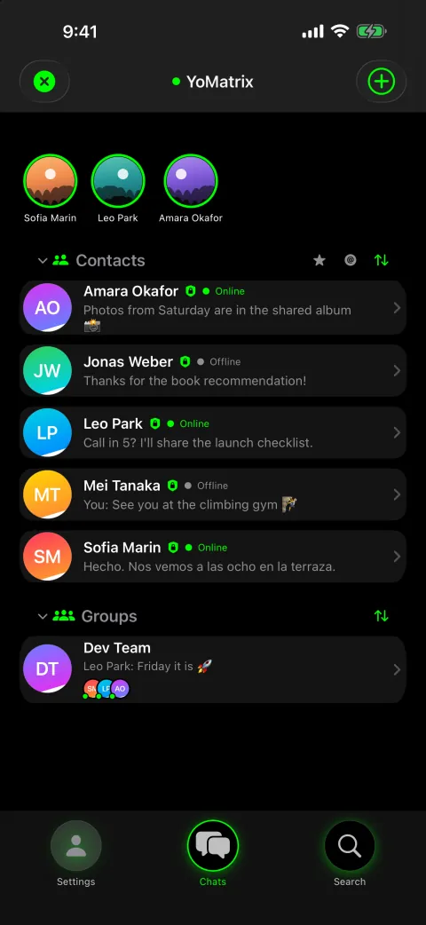 Chat list with contacts and a group